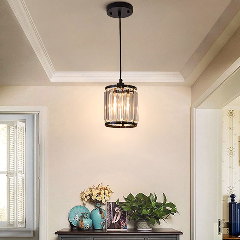 Cylinder Dining Room Pendant Lamp with K9 Crystal 1 Bulb Modernism Hanging Ceiling Light in Black Black Clearhalo 'Ceiling Lights' 'Modern Pendants' 'Modern' 'Pendant Lights' 'Pendants' Lighting' 156820