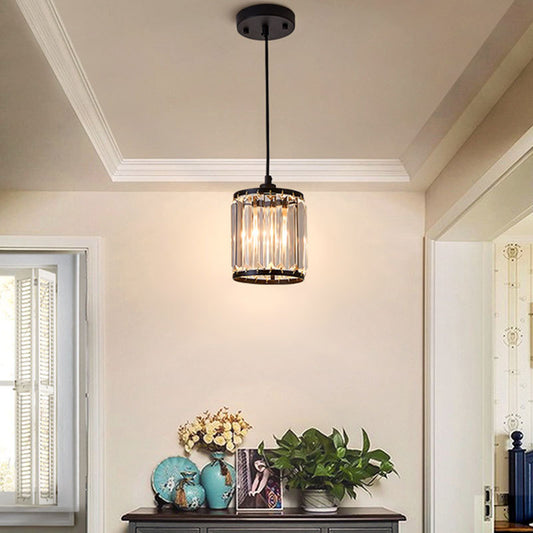 Cylinder Dining Room Pendant Lamp with K9 Crystal 1 Bulb Modernism Hanging Ceiling Light in Black Black Clearhalo 'Ceiling Lights' 'Modern Pendants' 'Modern' 'Pendant Lights' 'Pendants' Lighting' 156820