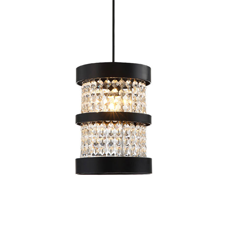 Black/Gold Cylinder Pendant Light Fixture Modernism Stylish Metal 1 Bulb Ceiling Light with Clear Crystal Beaded Strand Clearhalo 'Ceiling Lights' 'Modern Pendants' 'Modern' 'Pendant Lights' 'Pendants' Lighting' 156831