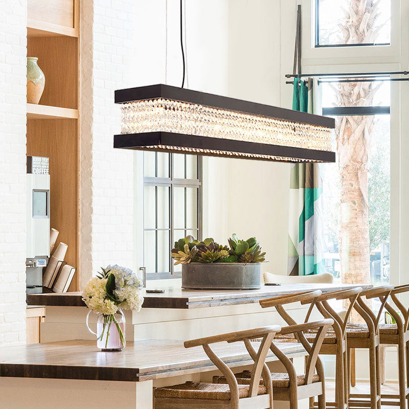 Black/Gold Rectangle Hanging Lighting Contemporary Clear Crystal 6/7/9 Lights Island Pendant Lighting 7 Black Clearhalo 'Ceiling Lights' 'Island Lights' Lighting' 156849