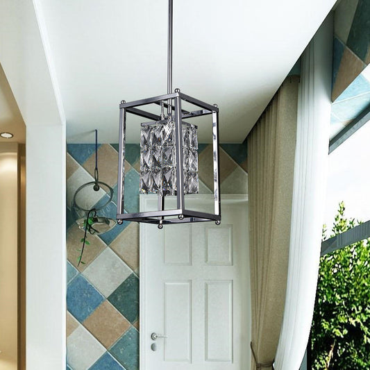 Rectangle Cage Balcony Pendant Lamp with Inner Clear Crystal Shade Modern 1 Light Ceiling Light in Nickel Nickel Clearhalo 'Ceiling Lights' 'Modern Pendants' 'Modern' 'Pendant Lights' 'Pendants' Lighting' 156865