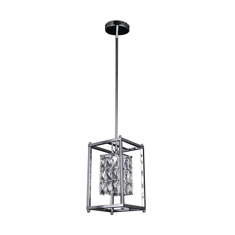 Rectangle Cage Balcony Pendant Lamp with Inner Clear Crystal Shade Modern 1 Light Ceiling Light in Nickel Clearhalo 'Ceiling Lights' 'Modern Pendants' 'Modern' 'Pendant Lights' 'Pendants' Lighting' 156867