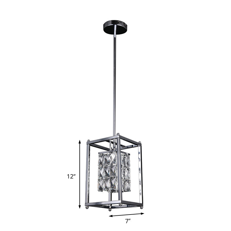 Rectangle Cage Balcony Pendant Lamp with Inner Clear Crystal Shade Modern 1 Light Ceiling Light in Nickel Clearhalo 'Ceiling Lights' 'Modern Pendants' 'Modern' 'Pendant Lights' 'Pendants' Lighting' 156868