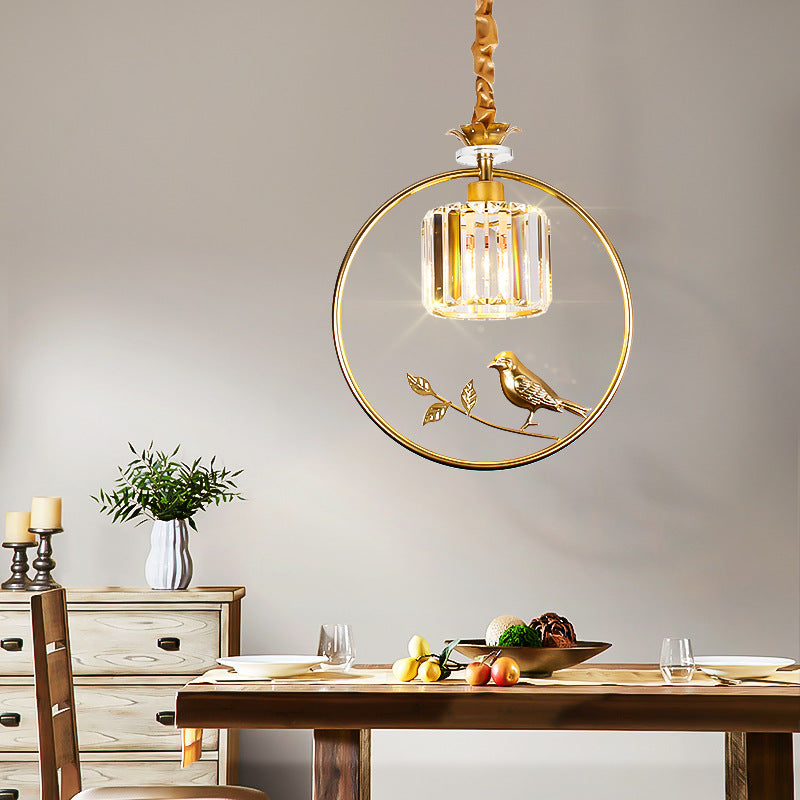 Clear Crystal Drum Ceiling Light Vintage Style 1 Bulb Hanging Light Fixture with Ring and Bird Accent in Black/Gold Clearhalo 'Ceiling Lights' 'Modern Pendants' 'Modern' 'Pendant Lights' 'Pendants' Lighting' 156894