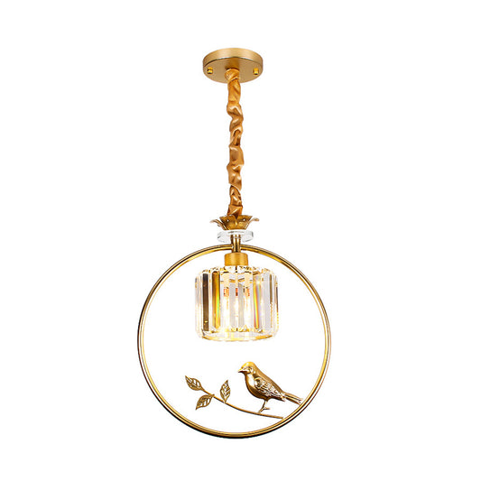 Clear Crystal Drum Ceiling Light Vintage Style 1 Bulb Hanging Light Fixture with Ring and Bird Accent in Black/Gold Clearhalo 'Ceiling Lights' 'Modern Pendants' 'Modern' 'Pendant Lights' 'Pendants' Lighting' 156895