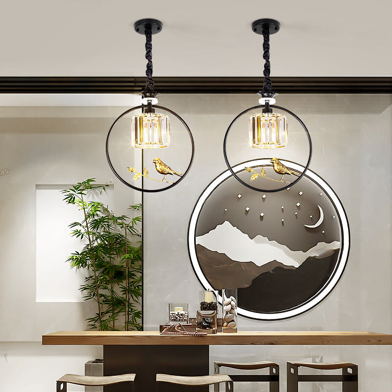 Clear Crystal Drum Ceiling Light Vintage Style 1 Bulb Hanging Light Fixture with Ring and Bird Accent in Black/Gold Black Clearhalo 'Ceiling Lights' 'Modern Pendants' 'Modern' 'Pendant Lights' 'Pendants' Lighting' 156899