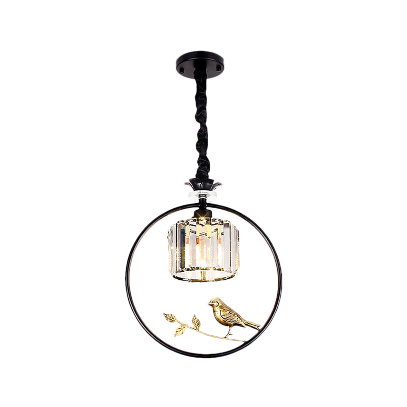 Clear Crystal Drum Ceiling Light Vintage Style 1 Bulb Hanging Light Fixture with Ring and Bird Accent in Black/Gold Clearhalo 'Ceiling Lights' 'Modern Pendants' 'Modern' 'Pendant Lights' 'Pendants' Lighting' 156900