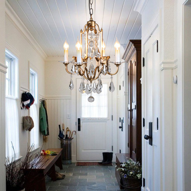 French Country Candle Chandelier Light with Crystal Drop 4 Lights Pendant Light Fixture in Brass for Hallway Brass Clearhalo 'Ceiling Lights' 'Chandeliers' 'Modern Chandeliers' 'Modern' Lighting' 156918