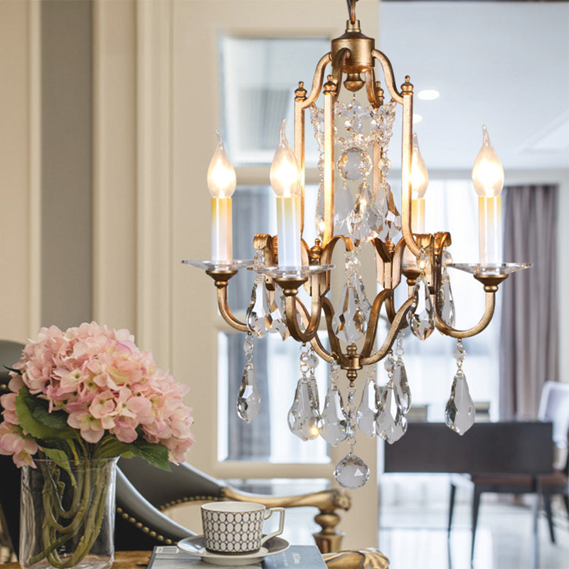 French Country Candle Chandelier Light with Crystal Drop 4 Lights Pendant Light Fixture in Brass for Hallway Clearhalo 'Ceiling Lights' 'Chandeliers' 'Modern Chandeliers' 'Modern' Lighting' 156919