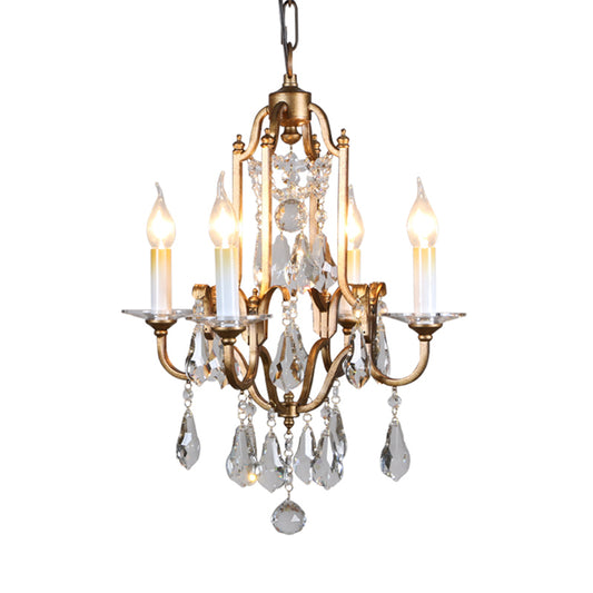 French Country Candle Chandelier Light with Crystal Drop 4 Lights Pendant Light Fixture in Brass for Hallway Clearhalo 'Ceiling Lights' 'Chandeliers' 'Modern Chandeliers' 'Modern' Lighting' 156920