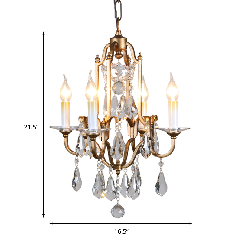 French Country Candle Chandelier Light with Crystal Drop 4 Lights Pendant Light Fixture in Brass for Hallway Clearhalo 'Ceiling Lights' 'Chandeliers' 'Modern Chandeliers' 'Modern' Lighting' 156921