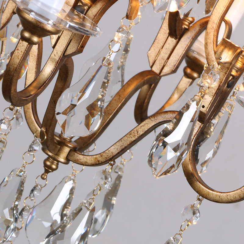 French Country Candle Chandelier Light with Crystal Drop 4 Lights Pendant Light Fixture in Brass for Hallway Clearhalo 'Ceiling Lights' 'Chandeliers' 'Modern Chandeliers' 'Modern' Lighting' 156922