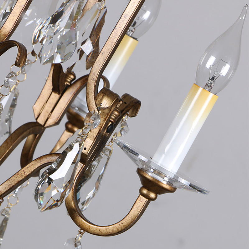 French Country Candle Chandelier Light with Crystal Drop 4 Lights Pendant Light Fixture in Brass for Hallway Clearhalo 'Ceiling Lights' 'Chandeliers' 'Modern Chandeliers' 'Modern' Lighting' 156923