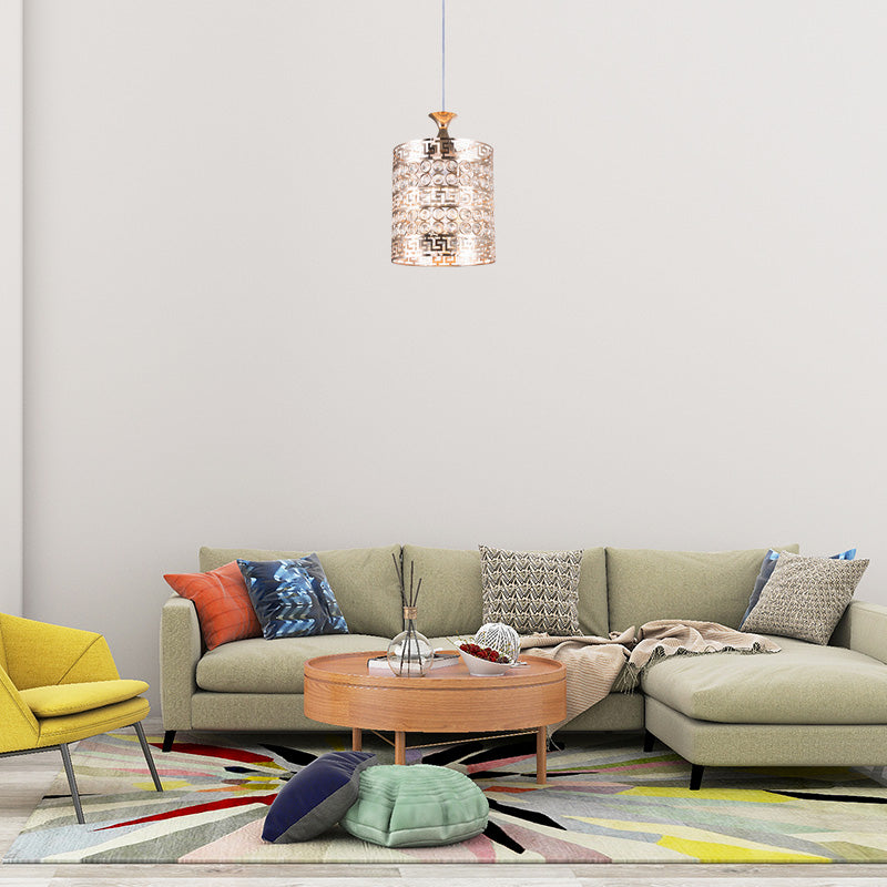 Metal Cylinder Hanging Lighting with Crystal Accent Vintage 6"/7" Dia 1 Light Hanging Ceiling Light in Gold Gold 8" Clearhalo 'Ceiling Lights' 'Modern Pendants' 'Modern' 'Pendant Lights' 'Pendants' Lighting' 156924