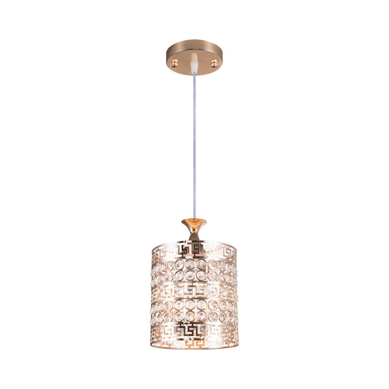 Metal Cylinder Hanging Lighting with Crystal Accent Vintage 6"/7" Dia 1 Light Hanging Ceiling Light in Gold Clearhalo 'Ceiling Lights' 'Modern Pendants' 'Modern' 'Pendant Lights' 'Pendants' Lighting' 156926