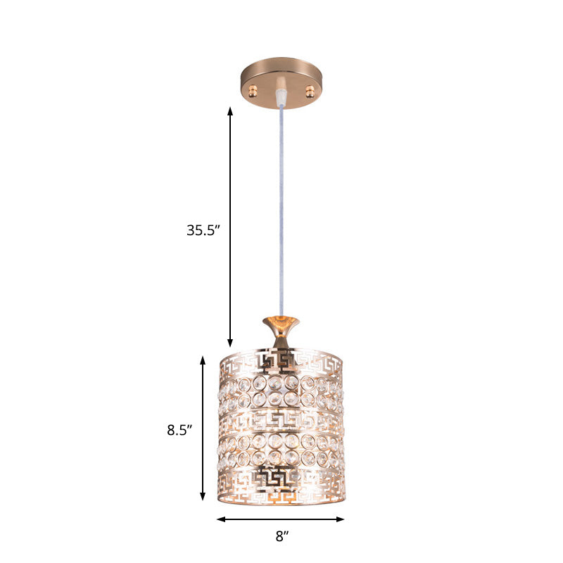 Metal Cylinder Hanging Lighting with Crystal Accent Vintage 6"/7" Dia 1 Light Hanging Ceiling Light in Gold Clearhalo 'Ceiling Lights' 'Modern Pendants' 'Modern' 'Pendant Lights' 'Pendants' Lighting' 156927