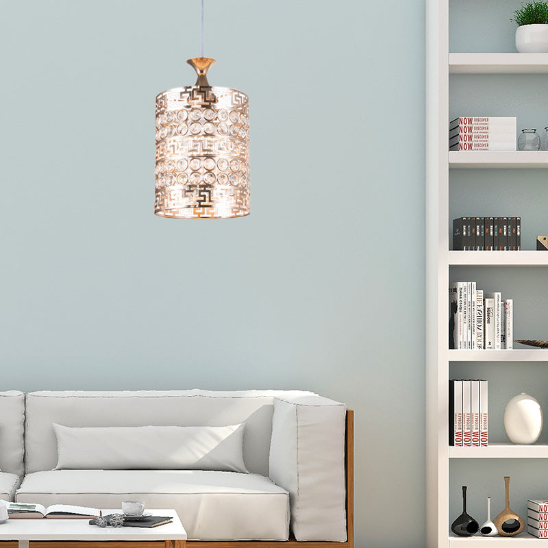 Metal Cylinder Hanging Lighting with Crystal Accent Vintage 6"/7" Dia 1 Light Hanging Ceiling Light in Gold Gold 7" Clearhalo 'Ceiling Lights' 'Modern Pendants' 'Modern' 'Pendant Lights' 'Pendants' Lighting' 156928