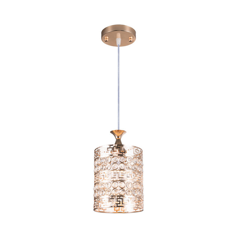 Metal Cylinder Hanging Lighting with Crystal Accent Vintage 6"/7" Dia 1 Light Hanging Ceiling Light in Gold Clearhalo 'Ceiling Lights' 'Modern Pendants' 'Modern' 'Pendant Lights' 'Pendants' Lighting' 156929