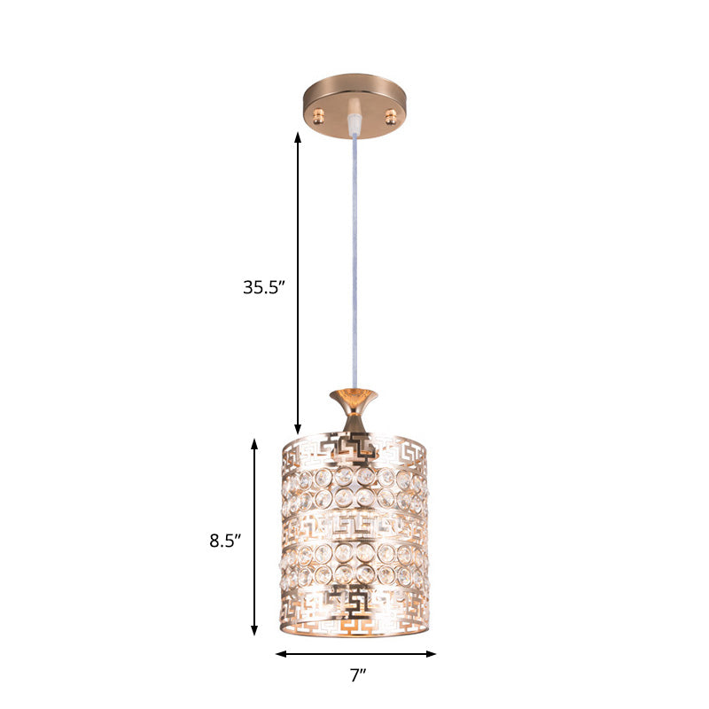 Metal Cylinder Hanging Lighting with Crystal Accent Vintage 6"/7" Dia 1 Light Hanging Ceiling Light in Gold Clearhalo 'Ceiling Lights' 'Modern Pendants' 'Modern' 'Pendant Lights' 'Pendants' Lighting' 156930