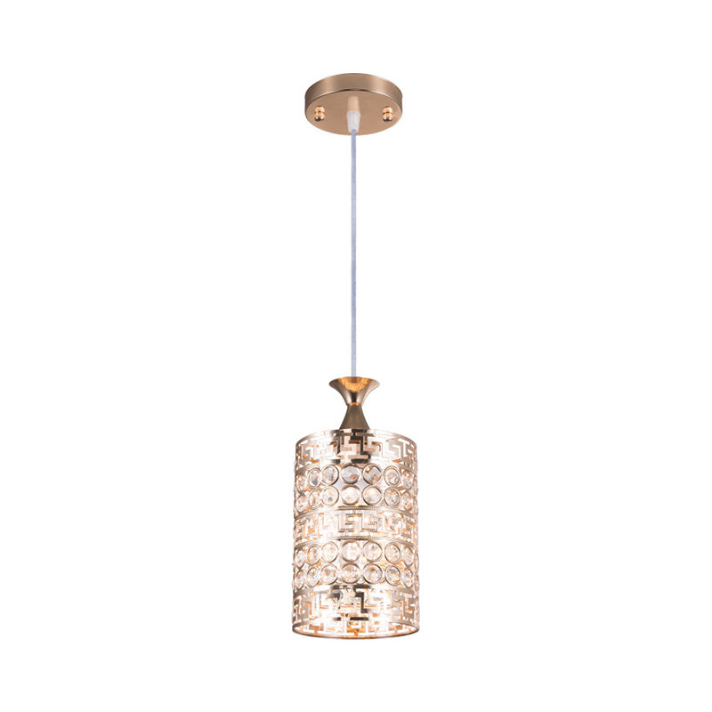 Metal Cylinder Hanging Lighting with Crystal Accent Vintage 6"/7" Dia 1 Light Hanging Ceiling Light in Gold Clearhalo 'Ceiling Lights' 'Modern Pendants' 'Modern' 'Pendant Lights' 'Pendants' Lighting' 156932