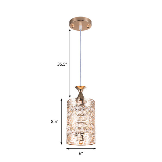 Metal Cylinder Hanging Lighting with Crystal Accent Vintage 6"/7" Dia 1 Light Hanging Ceiling Light in Gold Clearhalo 'Ceiling Lights' 'Modern Pendants' 'Modern' 'Pendant Lights' 'Pendants' Lighting' 156933