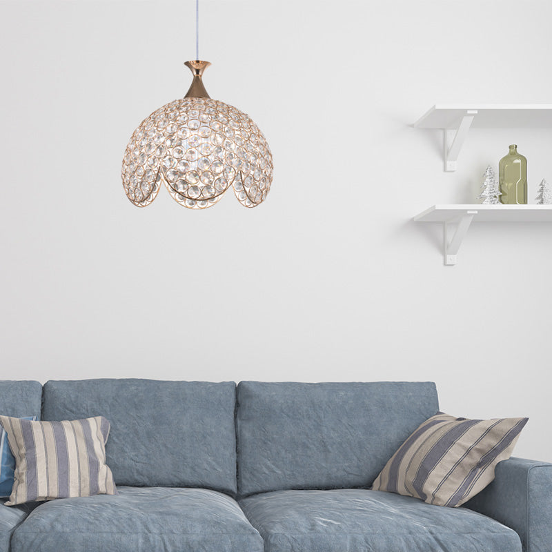 1 Light Dome Suspension Lamp Contemporary Clear Crystal Pendant Light with Ruffled Edge in Gold, 8"/10"/12" W Clearhalo 'Ceiling Lights' 'Modern Pendants' 'Modern' 'Pendant Lights' 'Pendants' Lighting' 156935