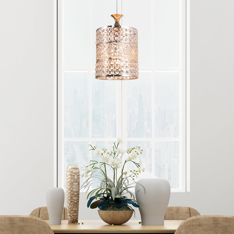 Golden Cylinder Ceiling Pendant Light Modernist Style Metal 1 Head Hanging Lamp with Crystal Decoration, 6"/7" Width Gold 8" Clearhalo 'Ceiling Lights' 'Modern Pendants' 'Modern' 'Pendant Lights' 'Pendants' Lighting' 156944