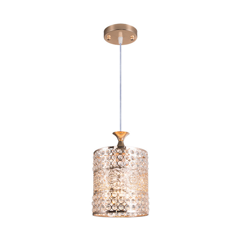 Golden Cylinder Ceiling Pendant Light Modernist Style Metal 1 Head Hanging Lamp with Crystal Decoration, 6"/7" Width Clearhalo 'Ceiling Lights' 'Modern Pendants' 'Modern' 'Pendant Lights' 'Pendants' Lighting' 156946