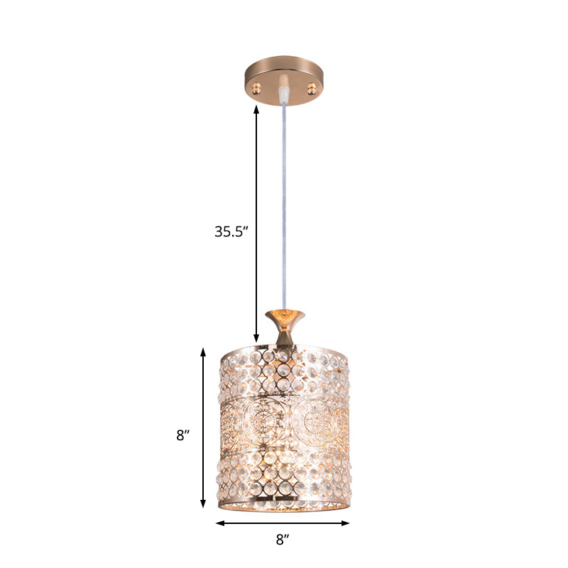 Golden Cylinder Ceiling Pendant Light Modernist Style Metal 1 Head Hanging Lamp with Crystal Decoration, 6"/7" Width Clearhalo 'Ceiling Lights' 'Modern Pendants' 'Modern' 'Pendant Lights' 'Pendants' Lighting' 156947