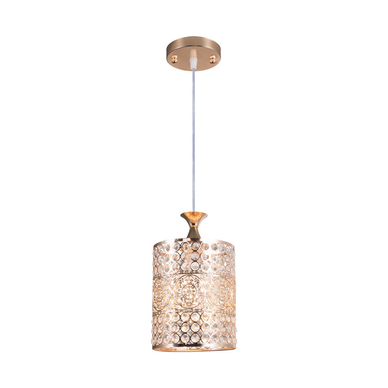 Golden Cylinder Ceiling Pendant Light Modernist Style Metal 1 Head Hanging Lamp with Crystal Decoration, 6"/7" Width Clearhalo 'Ceiling Lights' 'Modern Pendants' 'Modern' 'Pendant Lights' 'Pendants' Lighting' 156949