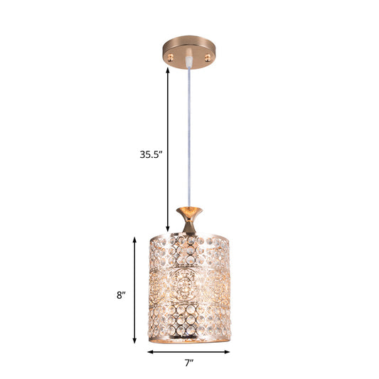 Golden Cylinder Ceiling Pendant Light Modernist Style Metal 1 Head Hanging Lamp with Crystal Decoration, 6"/7" Width Clearhalo 'Ceiling Lights' 'Modern Pendants' 'Modern' 'Pendant Lights' 'Pendants' Lighting' 156950