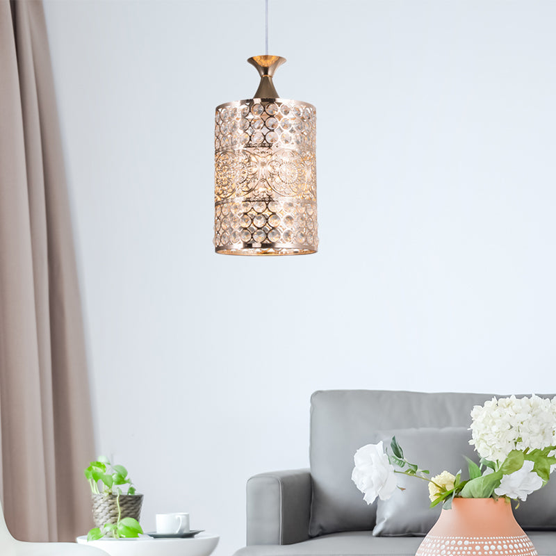 Golden Cylinder Ceiling Pendant Light Modernist Style Metal 1 Head Hanging Lamp with Crystal Decoration, 6"/7" Width Gold 6" Clearhalo 'Ceiling Lights' 'Modern Pendants' 'Modern' 'Pendant Lights' 'Pendants' Lighting' 156951