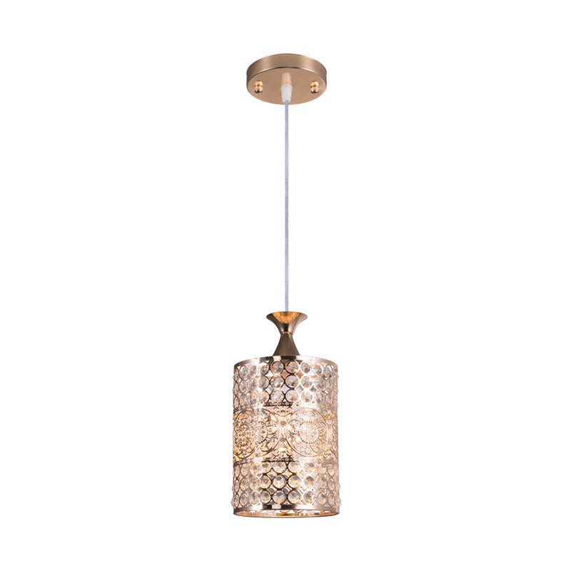 Golden Cylinder Ceiling Pendant Light Modernist Style Metal 1 Head Hanging Lamp with Crystal Decoration, 6"/7" Width Clearhalo 'Ceiling Lights' 'Modern Pendants' 'Modern' 'Pendant Lights' 'Pendants' Lighting' 156952