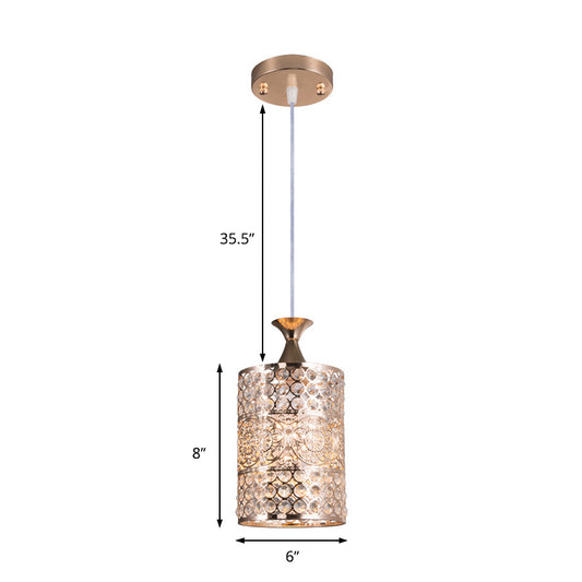 Golden Cylinder Ceiling Pendant Light Modernist Style Metal 1 Head Hanging Lamp with Crystal Decoration, 6"/7" Width Clearhalo 'Ceiling Lights' 'Modern Pendants' 'Modern' 'Pendant Lights' 'Pendants' Lighting' 156953