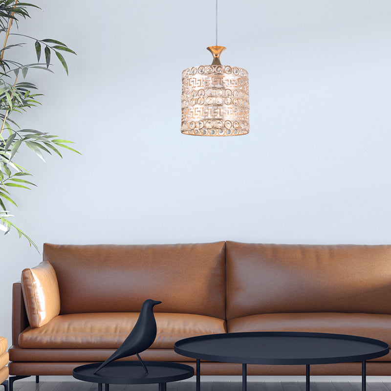 1 Light Cylinder Hanging Light Fixture Contemporary Crystal and Metal Pendant Lamp in Gold, 6"/7"/8" W Clearhalo 'Ceiling Lights' 'Modern Pendants' 'Modern' 'Pendant Lights' 'Pendants' Lighting' 156965