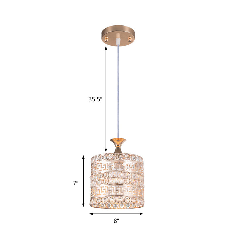 1 Light Cylinder Hanging Light Fixture Contemporary Crystal and Metal Pendant Lamp in Gold, 6"/7"/8" W Clearhalo 'Ceiling Lights' 'Modern Pendants' 'Modern' 'Pendant Lights' 'Pendants' Lighting' 156967