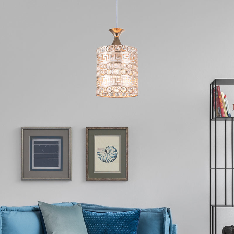 1 Light Cylinder Hanging Light Fixture Contemporary Crystal and Metal Pendant Lamp in Gold, 6"/7"/8" W Gold 6" Clearhalo 'Ceiling Lights' 'Modern Pendants' 'Modern' 'Pendant Lights' 'Pendants' Lighting' 156971