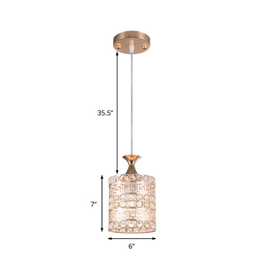1 Light Cylinder Hanging Light Fixture Contemporary Crystal and Metal Pendant Lamp in Gold, 6"/7"/8" W Clearhalo 'Ceiling Lights' 'Modern Pendants' 'Modern' 'Pendant Lights' 'Pendants' Lighting' 156973