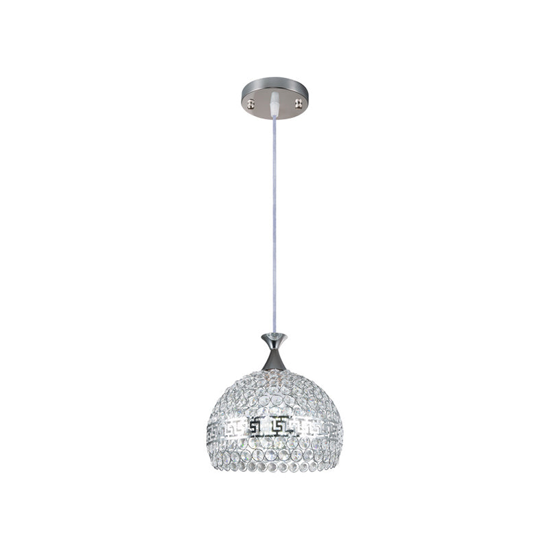 Chrome Finish Dome Pendant Lamp Modernist Clear Crystal and Metal 8"/10"/12" Wide 1 Light Hanging Ceiling Light Clearhalo 'Ceiling Lights' 'Modern Pendants' 'Modern' 'Pendant Lights' 'Pendants' Lighting' 156976