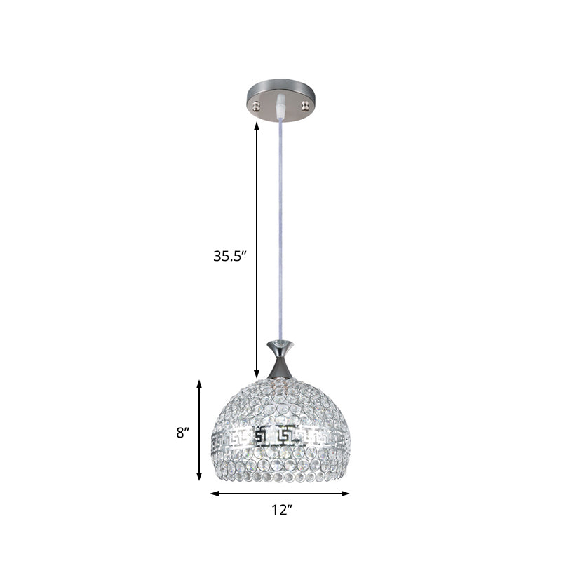 Chrome Finish Dome Pendant Lamp Modernist Clear Crystal and Metal 8"/10"/12" Wide 1 Light Hanging Ceiling Light Clearhalo 'Ceiling Lights' 'Modern Pendants' 'Modern' 'Pendant Lights' 'Pendants' Lighting' 156977