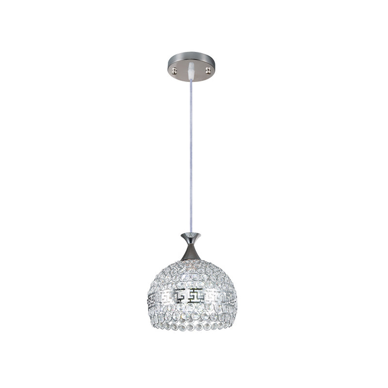 Chrome Finish Dome Pendant Lamp Modernist Clear Crystal and Metal 8"/10"/12" Wide 1 Light Hanging Ceiling Light Clearhalo 'Ceiling Lights' 'Modern Pendants' 'Modern' 'Pendant Lights' 'Pendants' Lighting' 156979