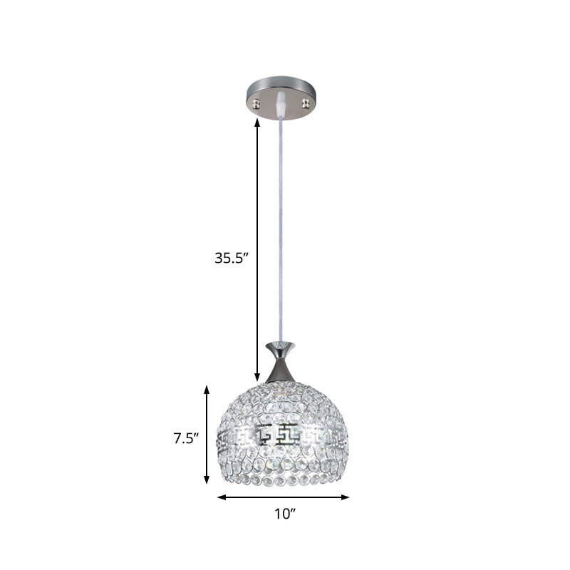 Chrome Finish Dome Pendant Lamp Modernist Clear Crystal and Metal 8"/10"/12" Wide 1 Light Hanging Ceiling Light Clearhalo 'Ceiling Lights' 'Modern Pendants' 'Modern' 'Pendant Lights' 'Pendants' Lighting' 156980