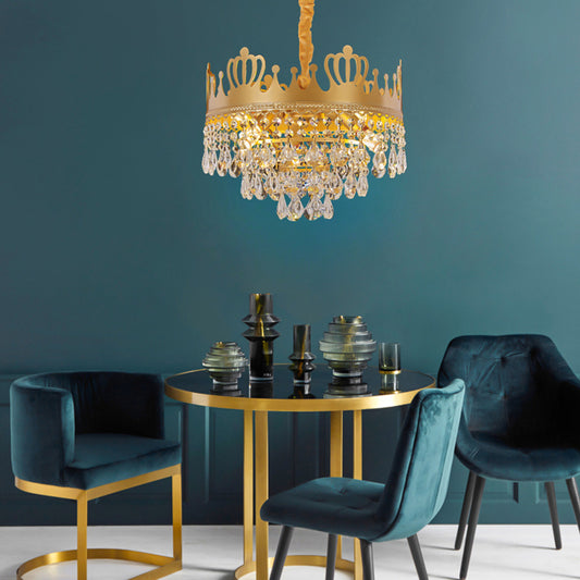 Metal Crown Chandelier Lamp 6 Lights Modernism Hanging Pendant Light with Crystal Teardrop Deco in Gold Finish Gold Clearhalo 'Ceiling Lights' 'Chandeliers' 'Modern Chandeliers' 'Modern' Lighting' 156989