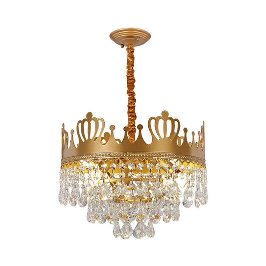 Metal Crown Chandelier Lamp 6 Lights Modernism Hanging Pendant Light with Crystal Teardrop Deco in Gold Finish Clearhalo 'Ceiling Lights' 'Chandeliers' 'Modern Chandeliers' 'Modern' Lighting' 156991