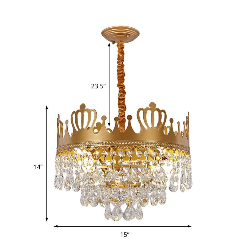 Metal Crown Chandelier Lamp 6 Lights Modernism Hanging Pendant Light with Crystal Teardrop Deco in Gold Finish Clearhalo 'Ceiling Lights' 'Chandeliers' 'Modern Chandeliers' 'Modern' Lighting' 156992