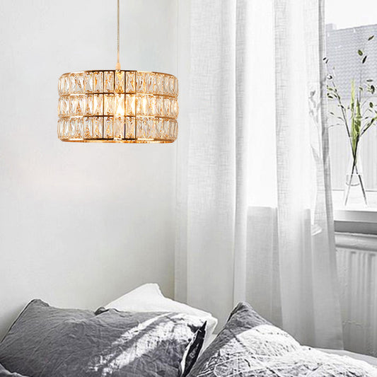 Golden Drum Hanging Lamp Contemporary Clear Crystal 1 Light Hanging Light Fixture for Dining Table Gold Clearhalo 'Ceiling Lights' 'Modern Pendants' 'Modern' 'Pendant Lights' 'Pendants' Lighting' 157002