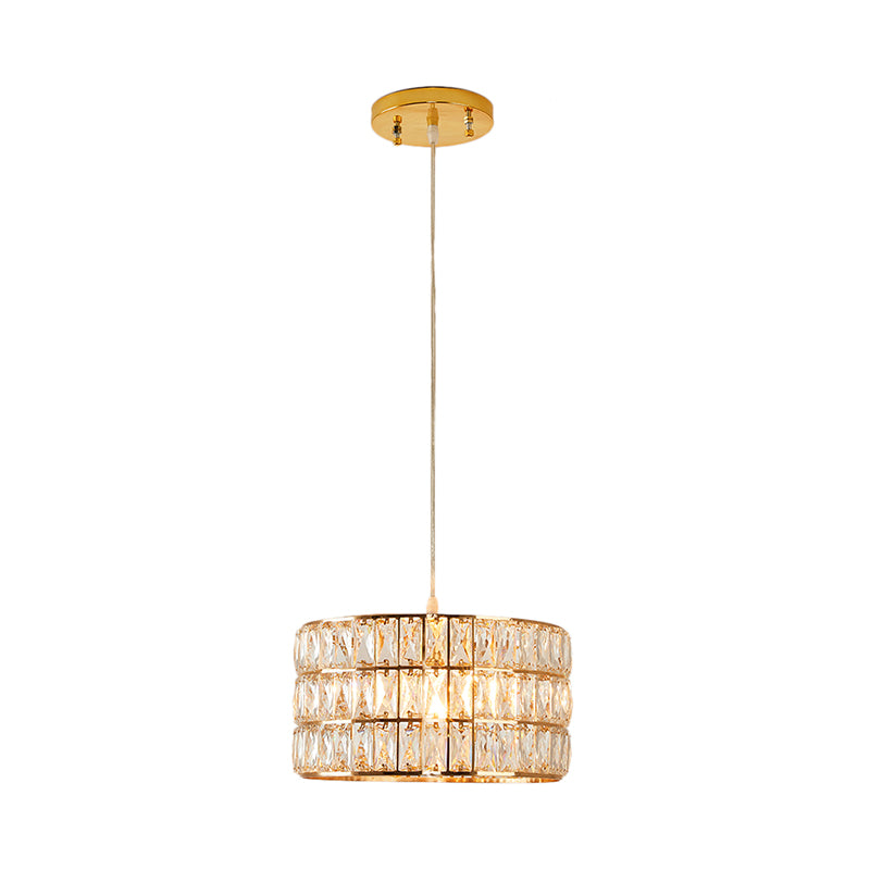 Golden Drum Hanging Lamp Contemporary Clear Crystal 1 Light Hanging Light Fixture for Dining Table Clearhalo 'Ceiling Lights' 'Modern Pendants' 'Modern' 'Pendant Lights' 'Pendants' Lighting' 157004