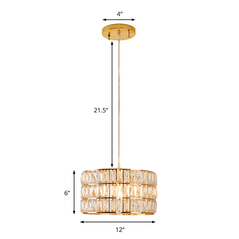 Golden Drum Hanging Lamp Contemporary Clear Crystal 1 Light Hanging Light Fixture for Dining Table Clearhalo 'Ceiling Lights' 'Modern Pendants' 'Modern' 'Pendant Lights' 'Pendants' Lighting' 157005