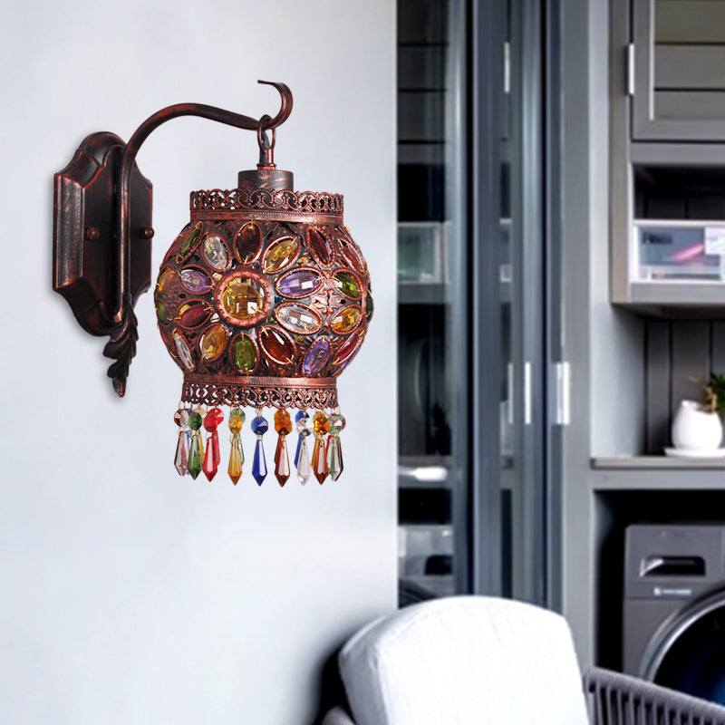 Bohemia Lantern Wall Light Sconce Metal 1 Light Wall Mount Lamp with Crystal Flower Design in Antique Copper Clearhalo 'Cast Iron' 'Glass' 'Industrial' 'Modern wall lights' 'Modern' 'Tiffany' 'Traditional wall lights' 'Wall Lamps & Sconces' 'Wall Lights' Lighting' 157011
