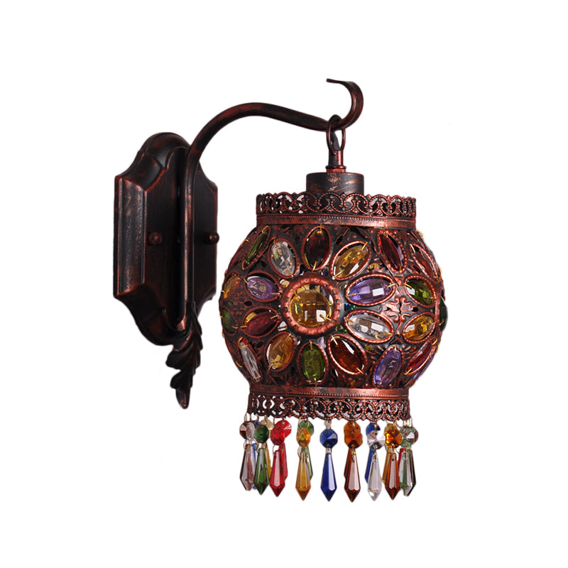 Bohemia Lantern Wall Light Sconce Metal 1 Light Wall Mount Lamp with Crystal Flower Design in Antique Copper Clearhalo 'Cast Iron' 'Glass' 'Industrial' 'Modern wall lights' 'Modern' 'Tiffany' 'Traditional wall lights' 'Wall Lamps & Sconces' 'Wall Lights' Lighting' 157012